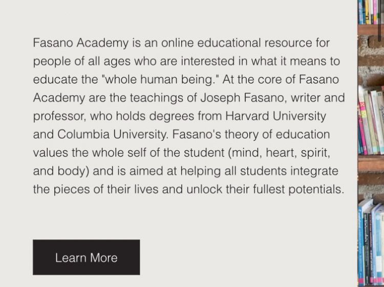 Fasano Academy is an online educational resource for people of all ages who are interested in what it means to educate the "whole human being." At the core of Fasano Academy are the teachings of Joseph Fasano, writer and professor, who holds degrees from Harvard University and Columbia University. Fasano's theory of education values the whole self of the student (mind, heart, spirit, and body) and is aimed at helping all students integrate the pieces of their lives and unlock their fullest potentials