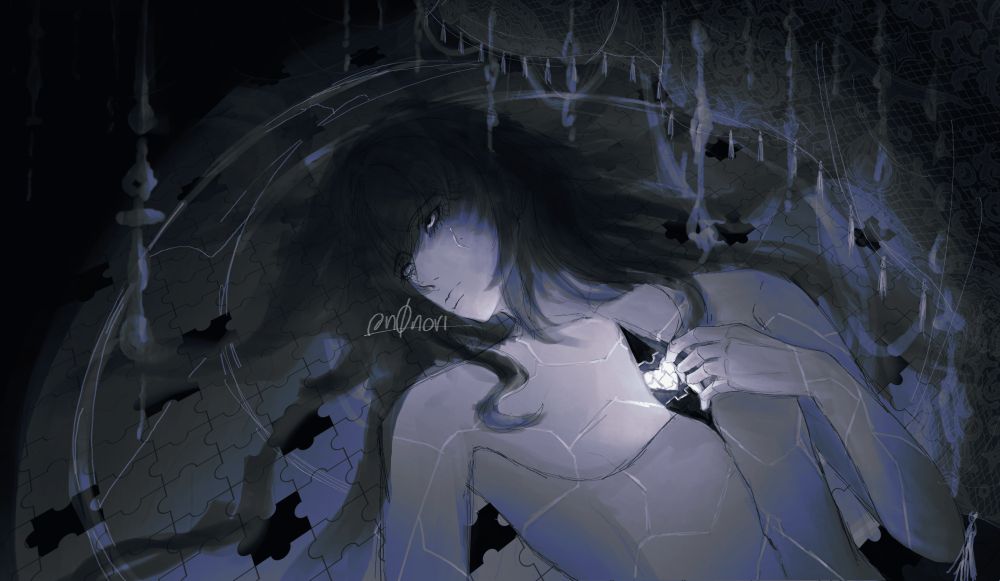 my oc noir laying on top of a puzzle (w broken pieces) and with a glowing heart inside their chest