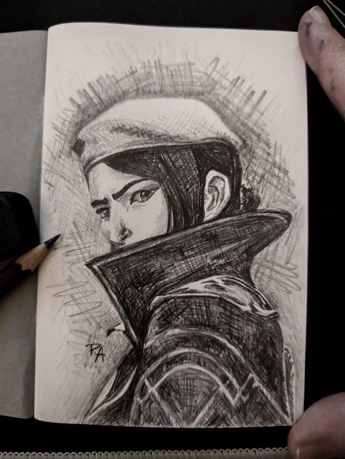 pencil sketch of caitlyn kiramman from arcane wearing a cape and a beret and looking over her left shoulder