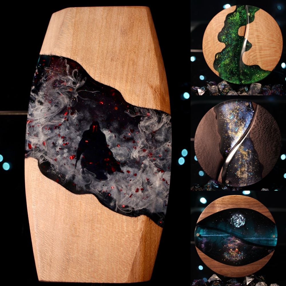 4 dice boxes made from different woods with different styles of epoxy incorporated into the tops.