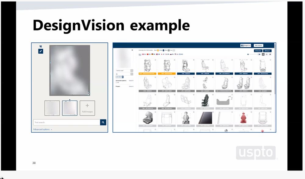 slide titled "DesignVision example" with pictures of results and a blurred-out claim