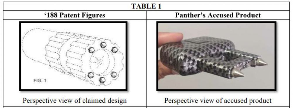 chart from the opinion showing the asserted design and the accused product, which clearly does not infringe