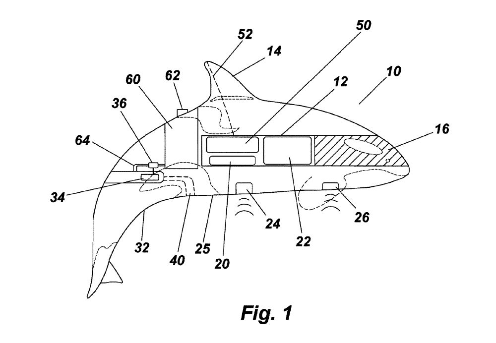utility patent drawing showing a drone shaped like an orca