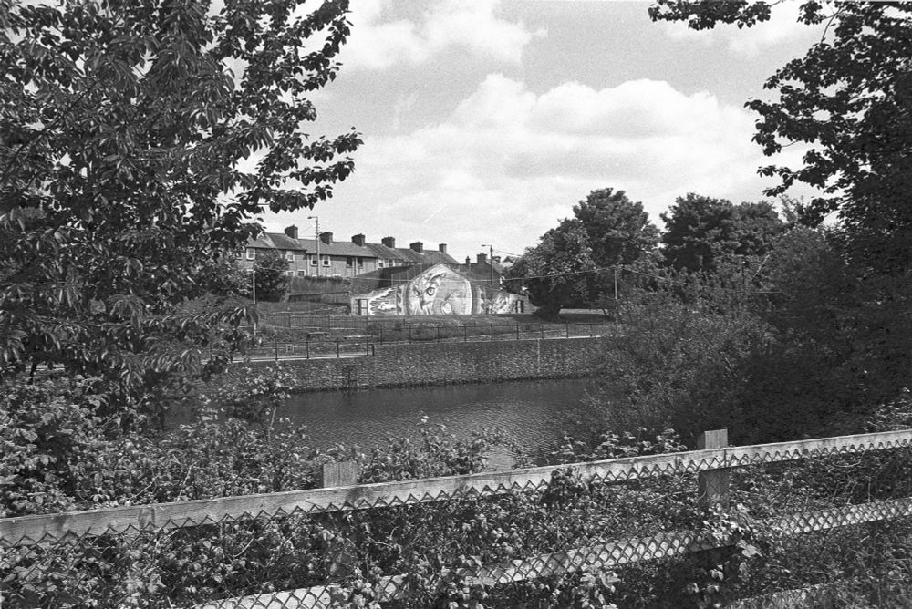 Black and white photograph of the River Nore and building with a mural
