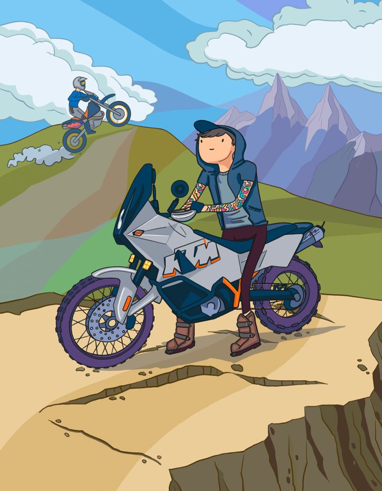 Illustration of a rider on a KTM 990 in the mountains in the style of Adventure Time