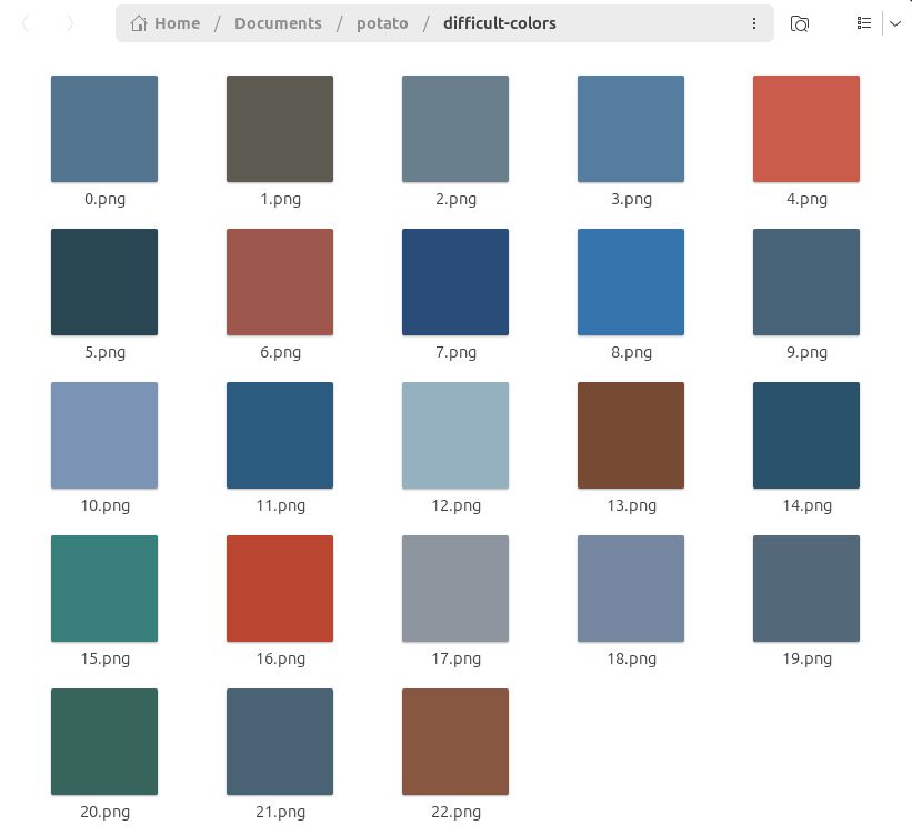 A screenshot of a folder called “difficult-colors” with 22 color swatch images, mostly fairly muted red-browns and blue-greens.