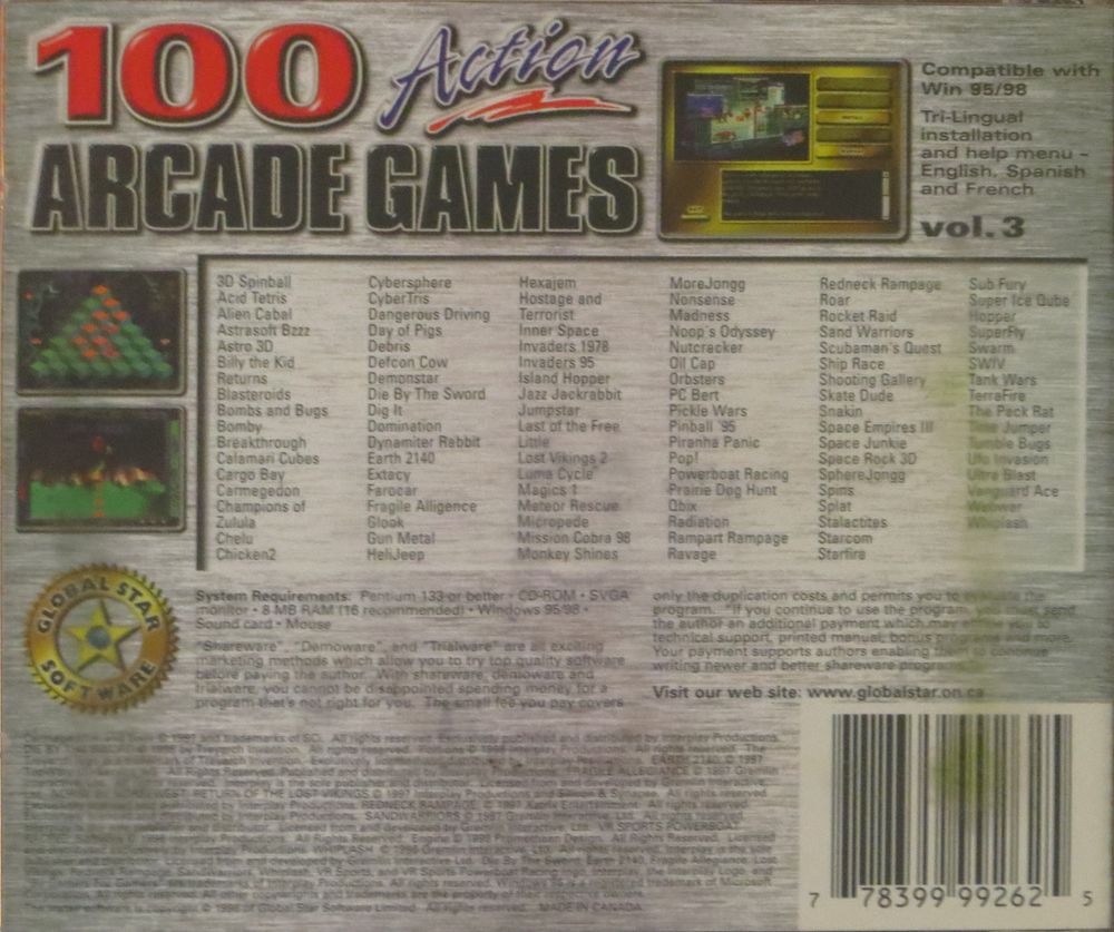The back of the case, showing the full list of games. It's a mix of a few things you've heard of and a load of "huh??? what????"