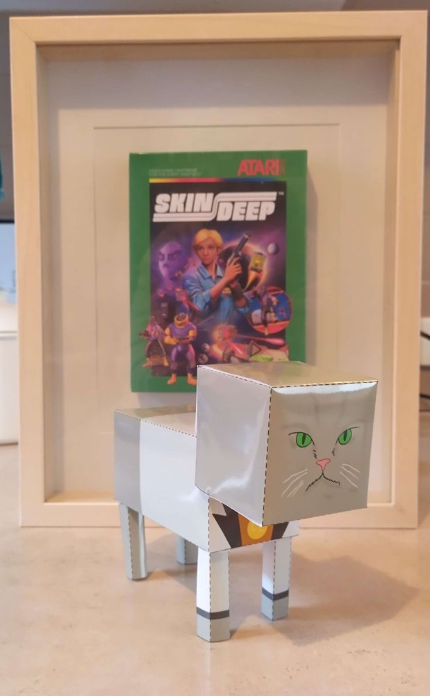 A papercraft Little Lion on a kitchen benchtop, in front of a framed Skin Deep game box.