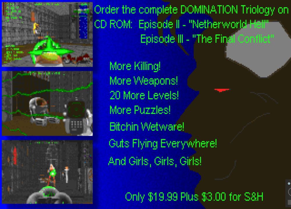 A shareware screen prompting you to buy the full version. It promises "bitchin wetware", "guts flying everywhere" and "girls, girls, girls". Thanks, guys.