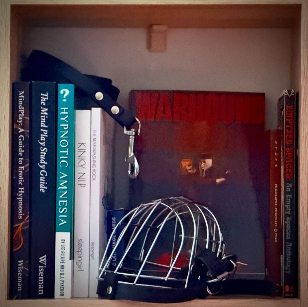 The same shelf, but now with a leather leash on top of the hypnosis books and a metal dog muzzle in front of WARHOUND