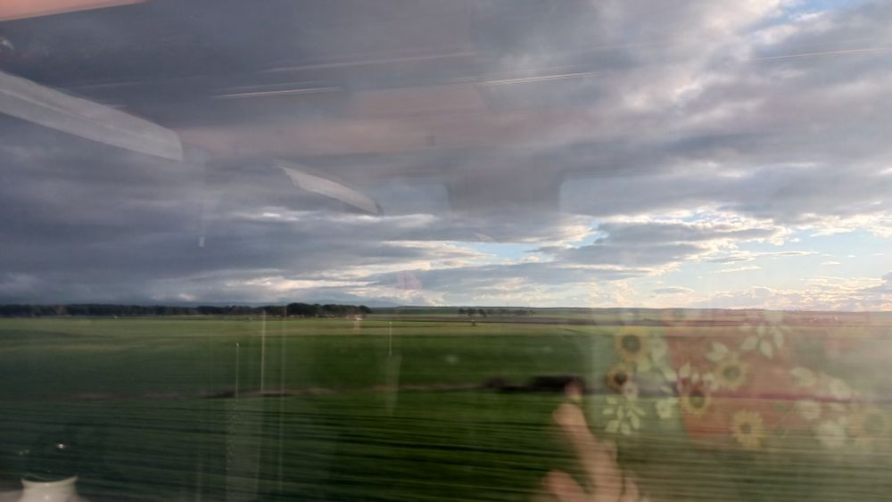 Paisaje de prado verde con nubes grises visto a través del cristal del tren yyy me acabo de dar cuenta de que no se ve el arcoiris :')