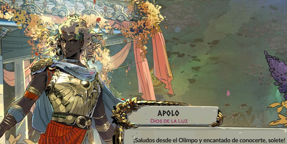 Captura del juego en la que se ve un sprite de Apolo (Dios de la luz) Diciendo: "Saludos desde el Olimpo y encantado de conocerte, solete!"