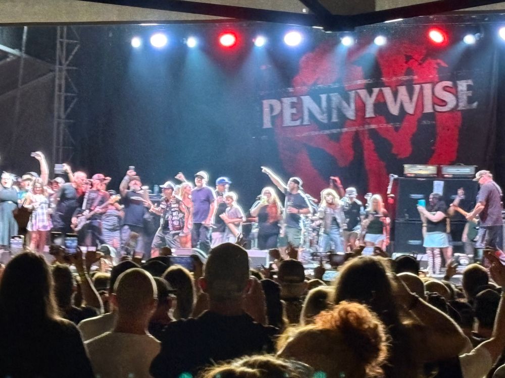 The punk band Pennywise play on stage with members of a lot of the other bands