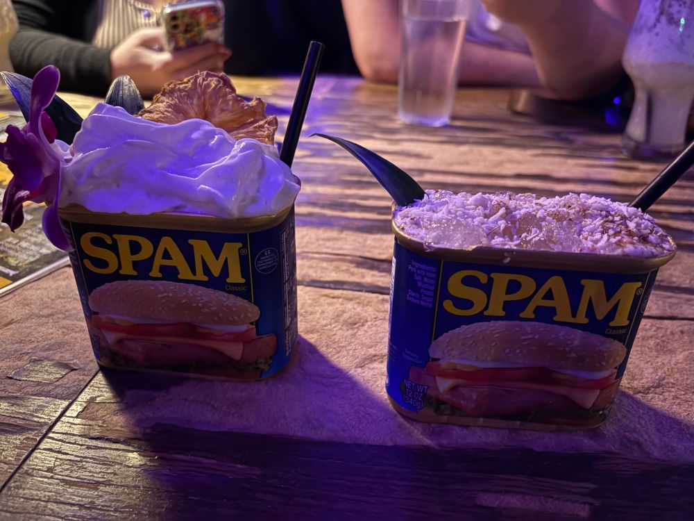 Two tiki drinks in Spam cans