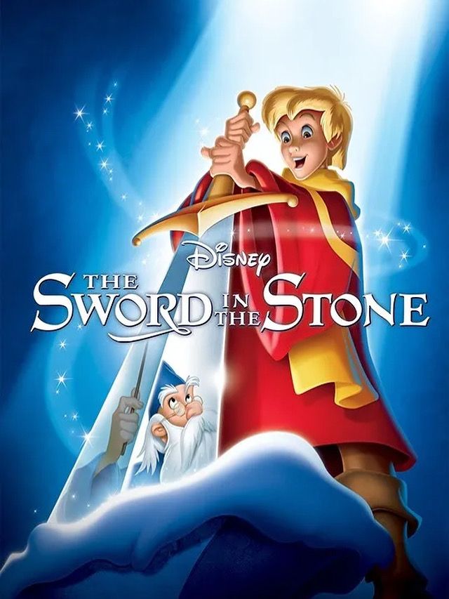Poster for Disney’s animated film The Sword in the Stone. It shows a young Arthur in a red tabard pulling a sword out of stone while the bearded wizard Merlin watches from behind.