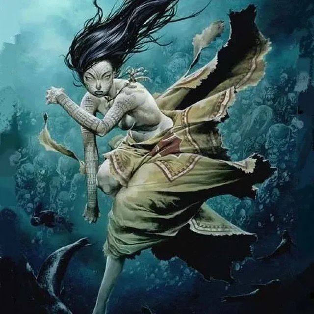 Sedna, the Inuit goddess of the underworld with her fingers cut off, floats beneath the sea, her ragged clothes swirling around her. The sea mammals and the dead under her dominion gather behind her.