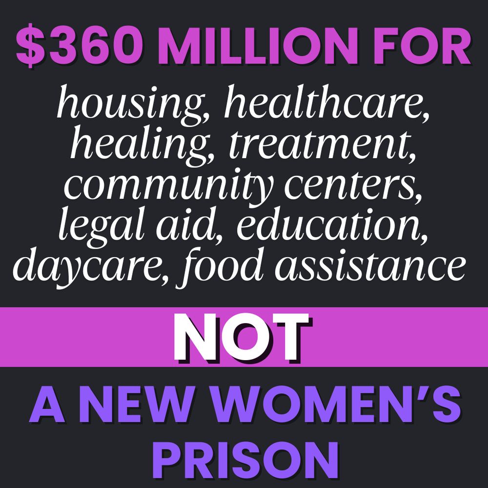 Image with text. $360 million for housing, healthcare, healing, treatment, community centers, education, daycare, food assistance
 NOT 
a new women's prison