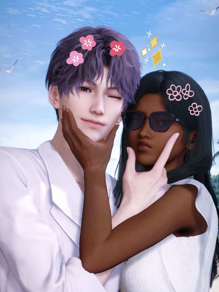 Rafayel and my MC, Mirajane, in a beach photo from Love & Deepspace.

They are both close together, squishing each other's cheeks. Rafayel is winking with a smile on his face and pink floral stickers on his hair. Mirajane is pouting with pink floral stickers in her hair. A sparkle sticker are seen between them.