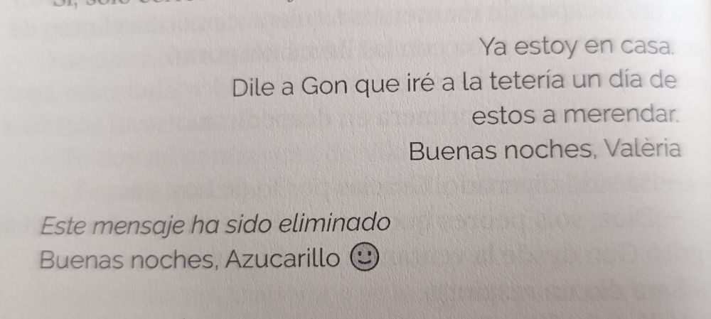 Foto de un libro donde se ve una conversación de chat en la que una parte dice: Ya estoy en casa, dile a Gon que iré a la tetería un de estos a merendar, buenas noches, Valeria. Y la respuesta es: Este mensaje ha sido eliminado, buenas noches, azucarillo (con emoji de sonrisa)