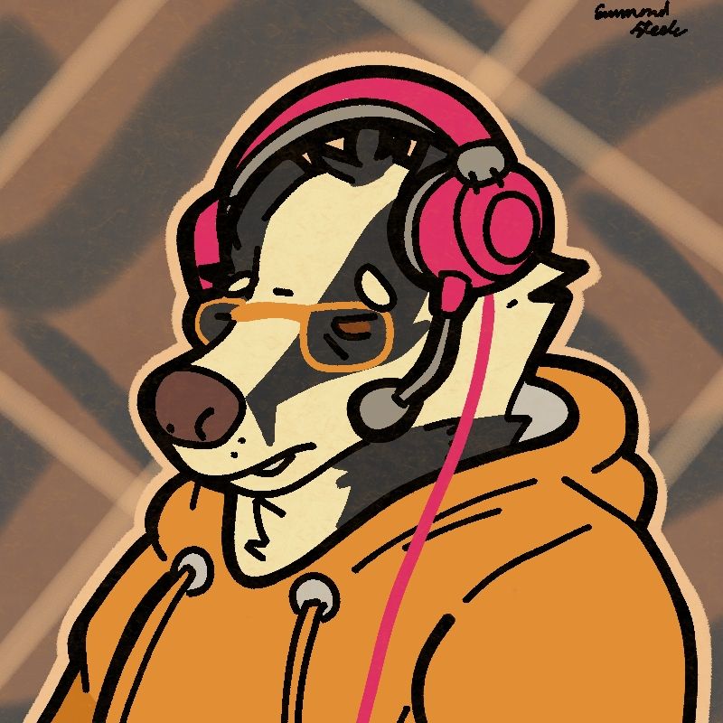 My badger wearing headphones and being absolutely tired. He's just kind of a general grump. Music usually keeps em in a good mood and they like playing competitive video games. You won't see them anywhere without headphones.
He likes wearing an orange hoodie.