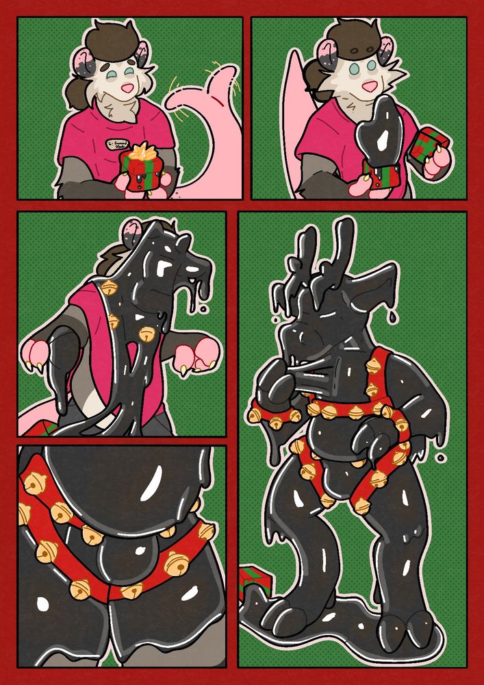 5 panel comic of me opening a present and getting turned into a sleek shiny rubber reindeer. 
I suddenly feel very jolly... A good reindeer doesn't touch their nullge. Attach me to the sleigh. 
@u@
My bells jingle on my new latex body. My old identity is gone. I was always a latex reindeer.

Now in black like a good toy.