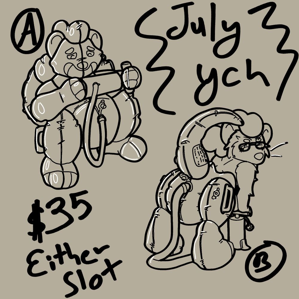 July YCH
$35 Either Slot

Slot A is a pooltoys inflating it's belly nozzle with an air pump. Slot B is a possum inflating their ass nozzle while turning into a pooltoy.