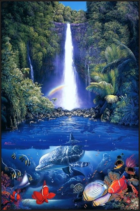 A painting of a waterfall in a jungle. At the base of the waterfall is a coral reef, and several different species of fish are swimming with a sun-dappled dolphin.