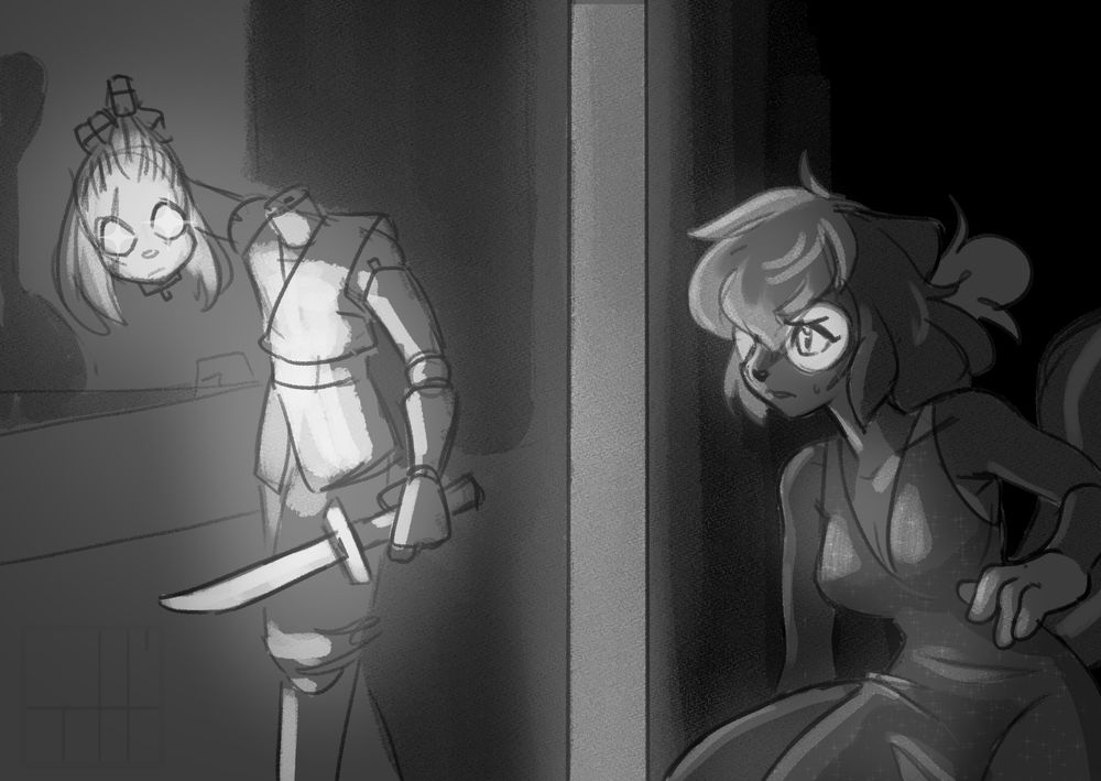 Lydia hides behind a partition in a cocktail dress as what appears to be a living doll trudges through the halls of a museum. The doll carries a small sword in one hand and its detached head in the other. Its eyes glow with an otherworldly light, as if searching for something.