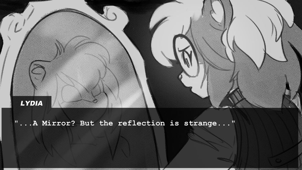 In continuity with the first image, Lydia gazes into the mirror, seeing a form similar to hers on its surface. The figure has no pupils, and its hair rests loosely at the shoulders. There's a text box in the foreground describing Lydia's thoughts: "A Mirror? But the reflection is strange..."