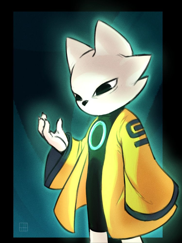 Yi, the cat-like Solarian, gazes into his palm, deep in thought. The Jade Ring on his chest glows, illuminating him in a soft light.
