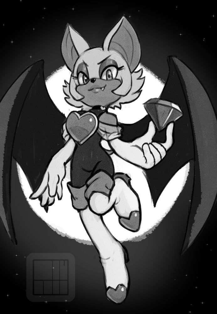 Rouge the Bat holds an emerald of potentially chaotic variety, set against the light of the moon. 