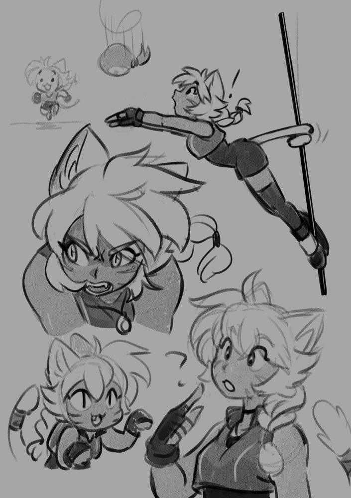 A collection of TyTy doodles. From the top: a drawing of a tiny Tyana jogging, one using her tail as a support while she reaches out for a falling item, an angry expression, a mischievous cat-like pose and a confused "are you talking about me?" kind of gesture.