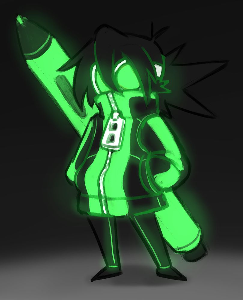 Banger Install Activated. The character takes on a two-tone black and neon green silhouette. The green accents glow in the dark, and the goggles shine like a pair of nuclear pucks. The Install grants a weapon of choice: in this case, a massive digital pen meant to bring creations to life.