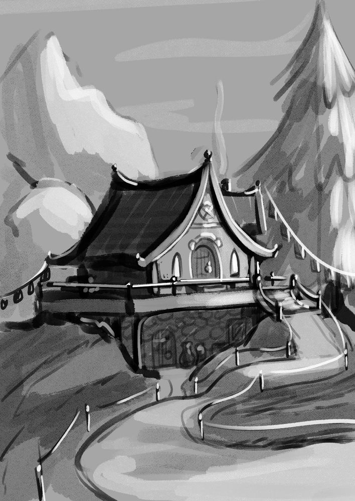 A lone home built in a mountainous area. Morning light is bouncing off the front of the house as a soft plume of smoke wafts from its chimney. A second level is built into the hilly area the house stands on, with an additional path leading to its entrance.