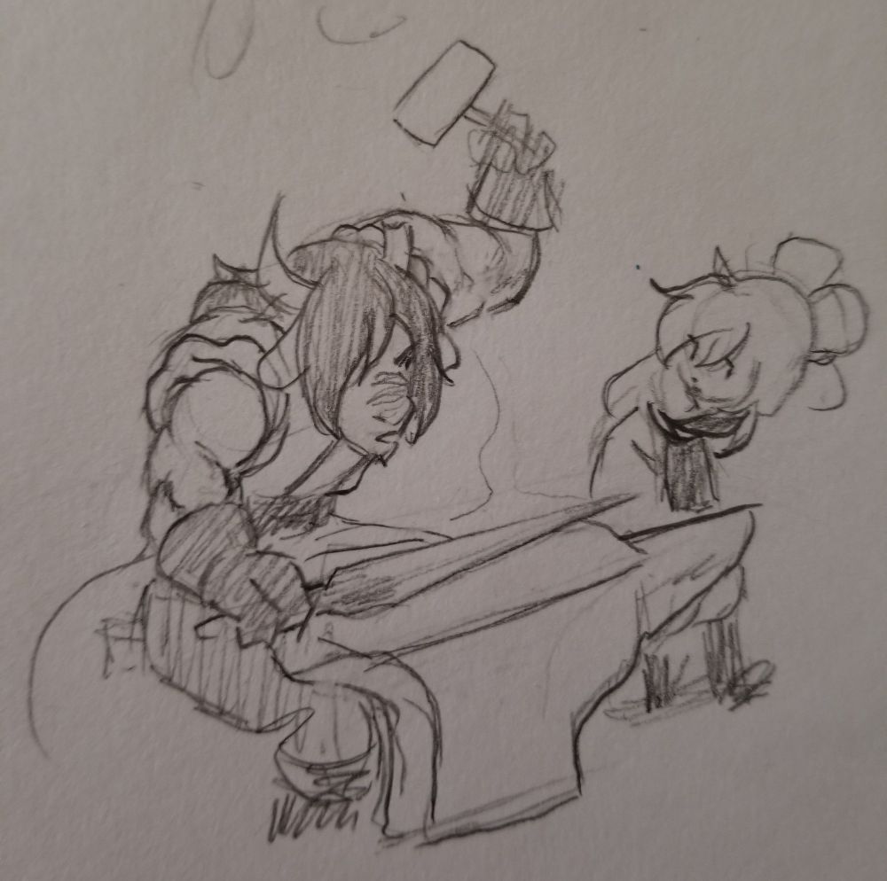 Gavlin, the stoic and serious blacksmith, works on hammering out a blade on an anvil as Teenah watches on with a curious look.