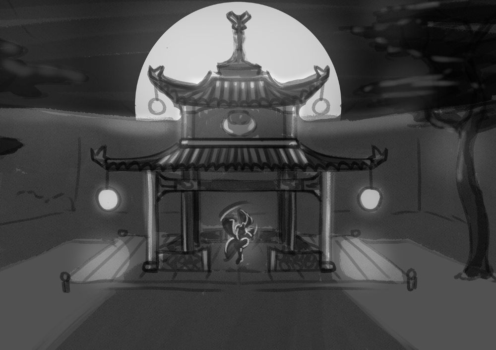 The inner gardens of the Moon Temple at night. In its center sits a large pavilion, whose dimly lit lanterns are washed out by the light of the full moon. The pavilion's butterfly motif stands out sharply in the moonlight, and a figure can be seen dancing underneath it...
