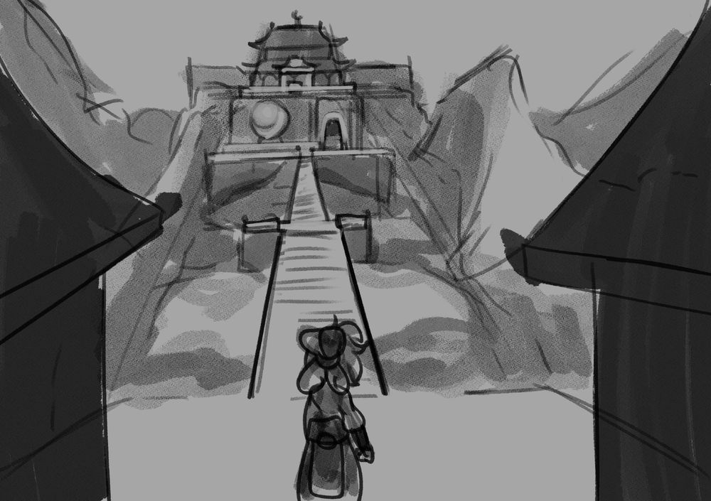 Teenah stands before the Moon Temple, gazing up the long series of stairs leading to its front gate. A little over halfway up the stairs sits a stone relief of the Moon in a crescent phase, and beyond that lie the perimeter walls of the temple. Even at this distance, its power and influence is felt.