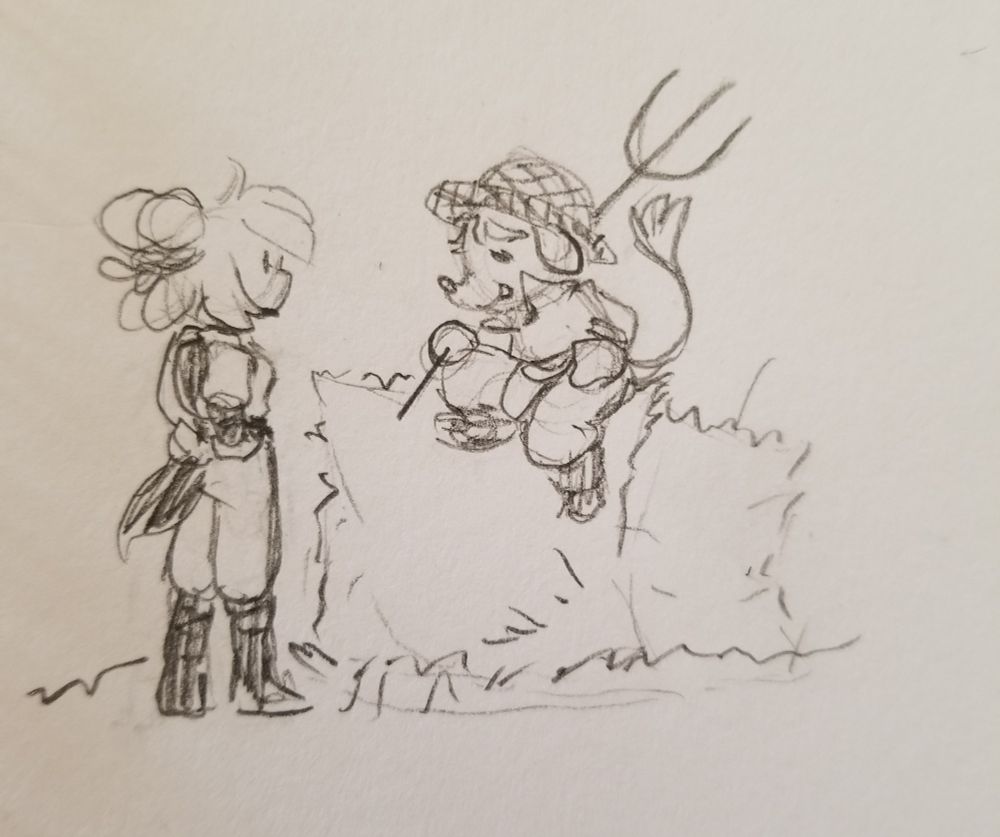 Uncle Opold, who is actually no one's uncle, sits atop a haybale with a pitchfork casually resting on his shoulder. He seems to be regaling Teenah with tales of his heyday. Teenah doesn't seem to mind; perhaps he is a good storyteller?