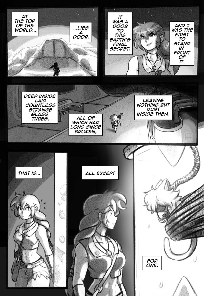 Panels 1 and 2 show a young Rose standing before an ominous structure high above the clouds. As she recounts the memory: "At the top of the world lies a door. It was a door to this earth's final secret, and I was the first to stand in front of it."

"Deep inside laid countless strange glass tubes, all of which had long since broken, leaving nothing but dust inside them." 
Rose is pictured walking along a row of said tubes before turning towards one of them still radiating with light.
"That is.. all except for one." 

Inside the tube is a small child suspended in glowing liquid, bound by some sort of tape emblazoned with "ABILITY-TYPE-008". She has the ears and tail of a cat-like animal. The child's face is covered by a respirator mask.

Rose stares at the scene with a silent shock apparent on her face.