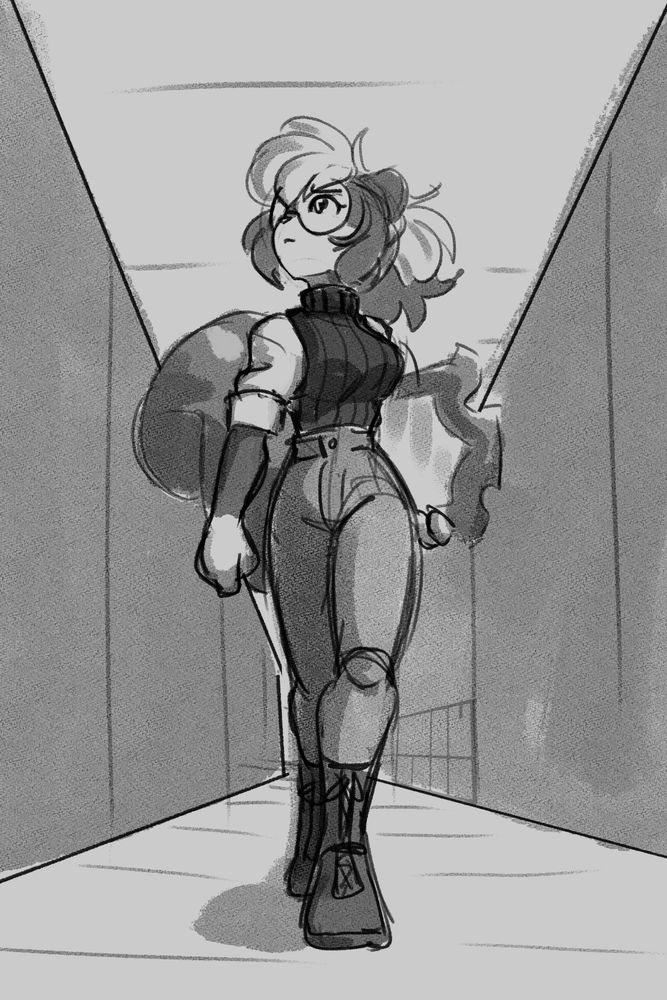 An anthropomorphic skunk girl (named Lydia) walks down a long nondescript hallway akin to a liminal space. She carries a mirror under her arm, but it doesn't seem to reflect anything..