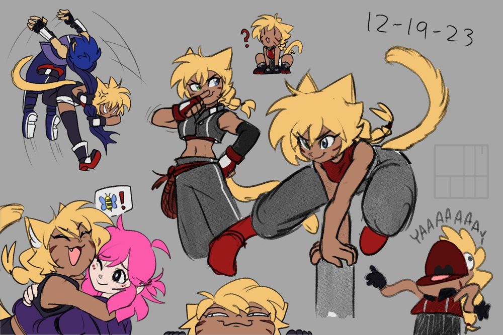 A collection of colored sketches featuring TyTy performing various antics. Here we can see her hugging some friends, throwing others, vaulting terrain, posing confidently.. and also a couple more gremlin-adjacent poses and expressions. She's a Muppet in one of them, I think...?