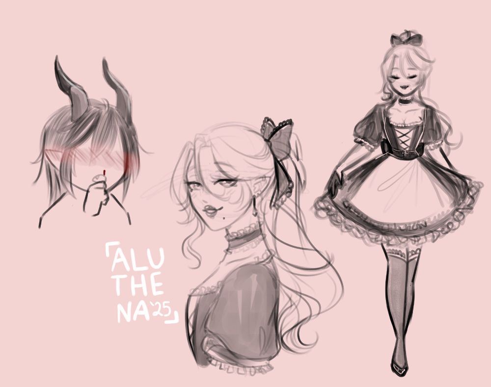 sketch of my Twisted Wonderland OC/Yuu/Yume Ayumi in a maid outfit, featuring a small Malleus Draconia with a liiiittle bit of a nosebleed 
ツイステファンアート
ツイステ
ロドガーシア・歩み
マレウス・ドラコニア