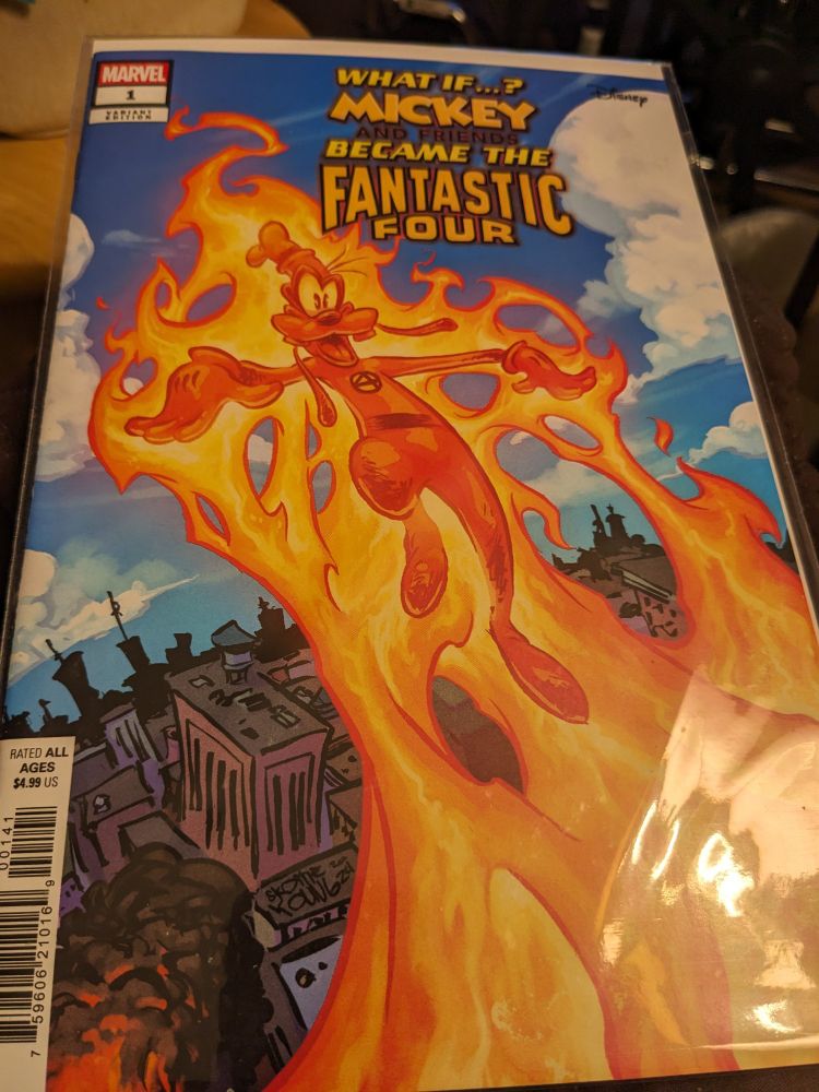 "What If Mickey and Friends Became the Fantastic Four" one shot. It features Goofy as the Human Torch on the cover, but I don't think it's an homage to any particular classic comic book.