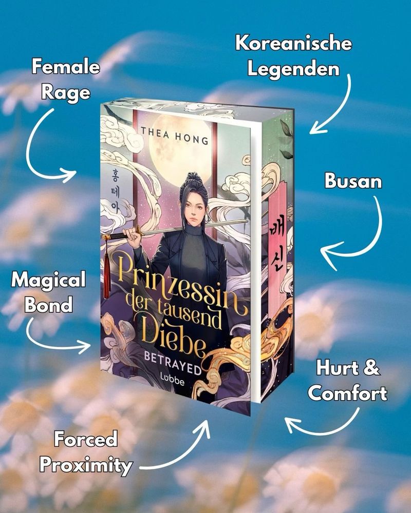 An illustrated book titled "Prinzessin der tausend Diebe: Betrayed" by Thea Hong, featuring themes like Female Rage, Korean Legends, and Magical Bond, set against a blue background with floral elements. The book is described with annotations Koreanische
Legenden
Female
Rage
Busan
Magical
Bond
Hurt & Comfort
Forced
Proximity