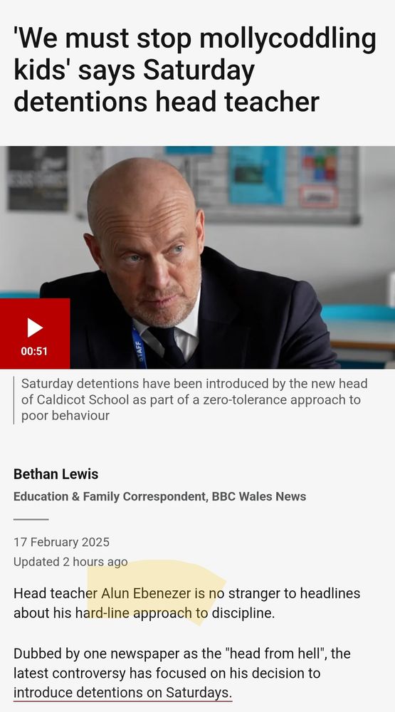 BBC News article about a head teacher who has introduced Saturday detentions at his school. His name is Alun Ebenezer.