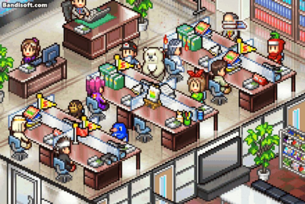 a pixel art of an office with the website bandisoft.com visible