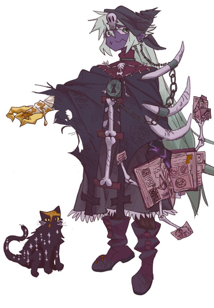 necromancer design commission. the clothes are alive and evolve with each level up. she has a fucked up hand and i drew it dripping on her cat