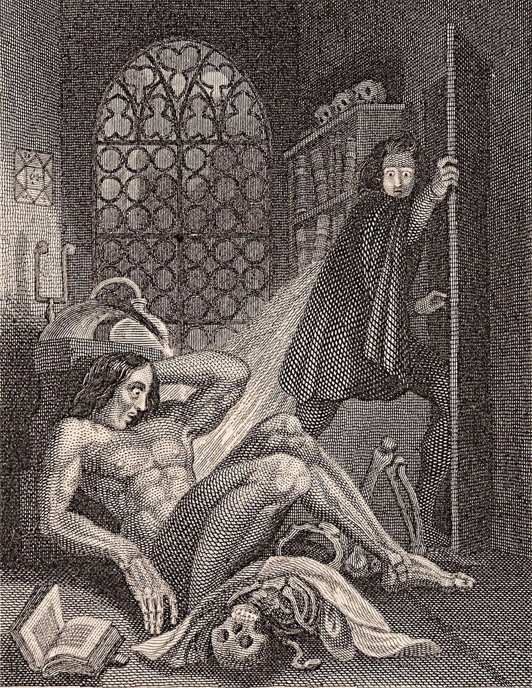Victor Frankenstein becoming disgusted at his creation. Illustration from the frontispiece of the 1831 edition. Steel engraving (993 x 71mm) by Theodore von Holst to the revised edition of Frankenstein by Mary Shelley, published by Colburn and Bentley, London 1831.