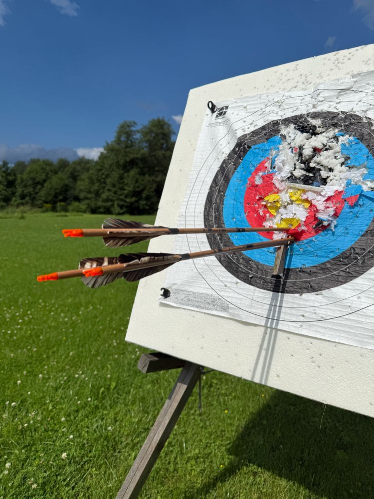 A photograph of an outdoor archery target with three arrows forming a close group and splitting a 1-inch wide piece of wood.