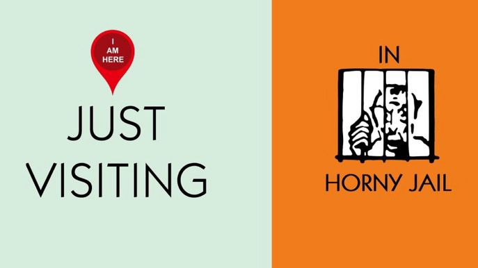 A horny jail meme based on the Jail space in the board game, Monopoly. 

On the right side of the image is a crude drawing of a person behind bars, with the text “IN HORNY JAIL”. It is on an orange background

To the left is a portion of the space with a light teal background, the text “JUST VISITING” in large capital letters in the centre of this area. There is also a maps app pin above the text, which says inside, “I AM
HERE”